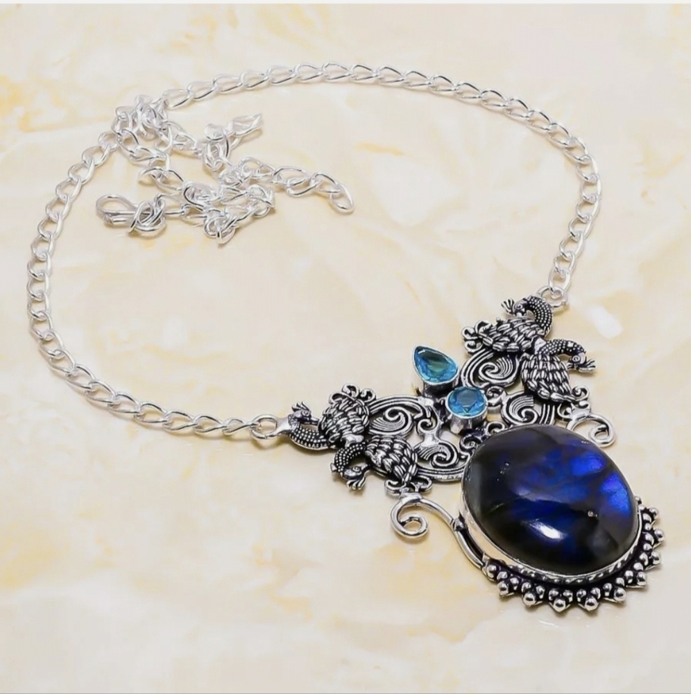 New Labradorite & Blue Topaz 925 Silver Statement Necklace.